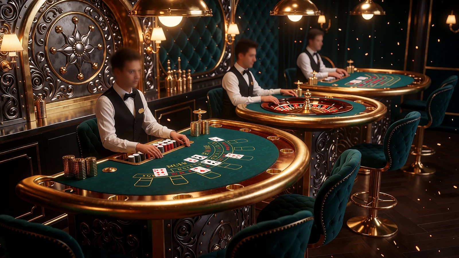 Eksklusivt live casino-studie om natten med blackjack-, roulette- og baccaratborde under varme pendellamper