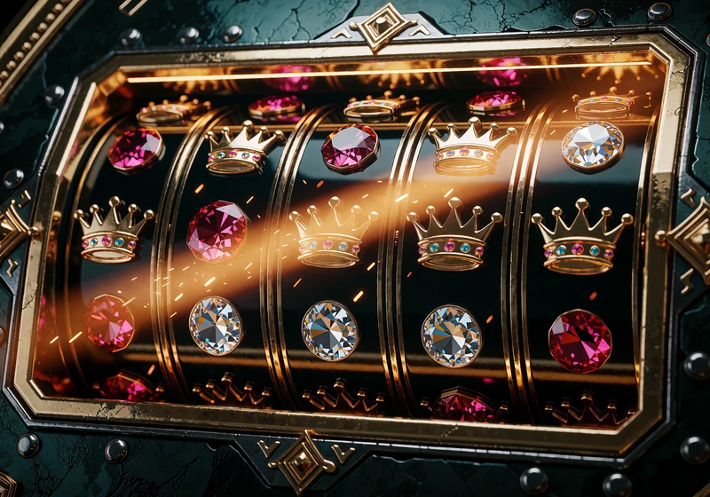 Fem slanke slothjul med guldkroner, diamanter og rubiner - Megaways-slots i Goldbet Casinos spillobby