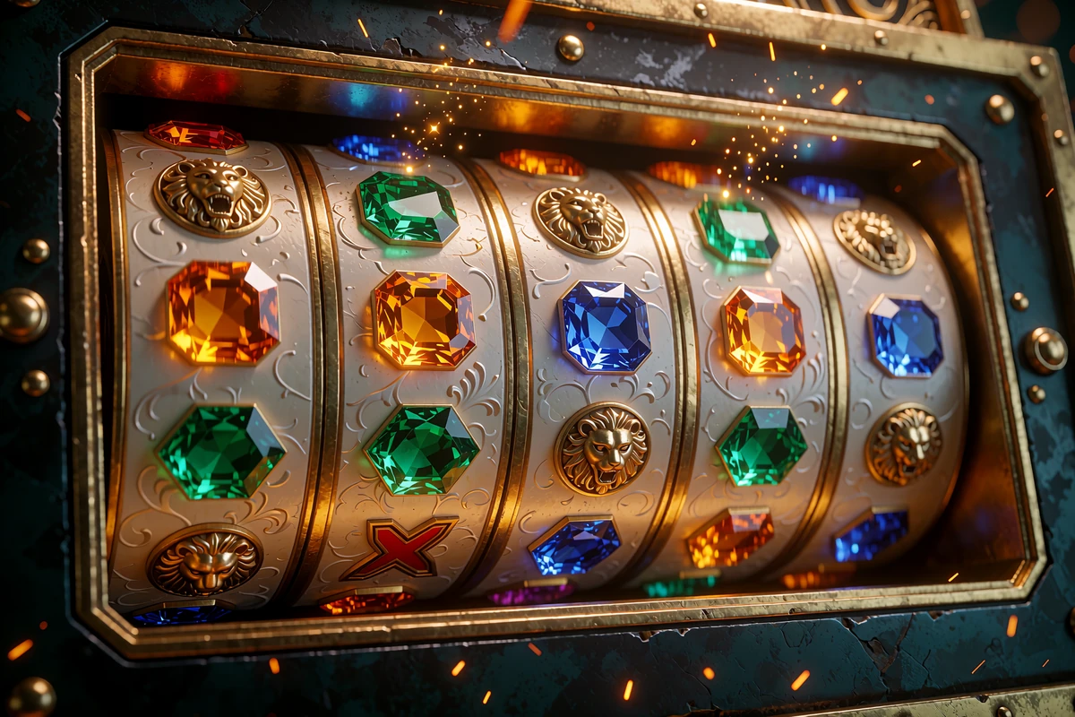 Seks slothjul i tungt guldkabinet med &aelig;delstene og l&oslash;vemedaljoner - Megaways-slots hos Goldbet Casino