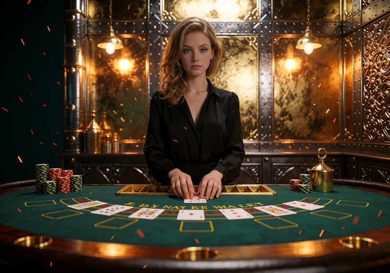 Live dealer bag et gr&oslash;nt blackjackbord med kort og jetoner foran et guldpanel - live blackjack online