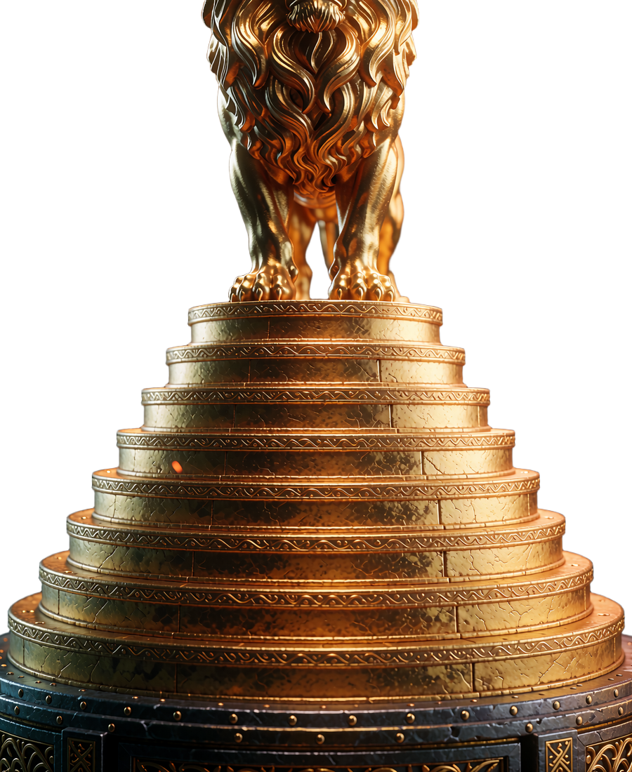 Gylden l&oslash;vestatue p&aring; en piedestal af ti stablede guldtrin - symbol p&aring; VIP-programmets op til 10 niveauer