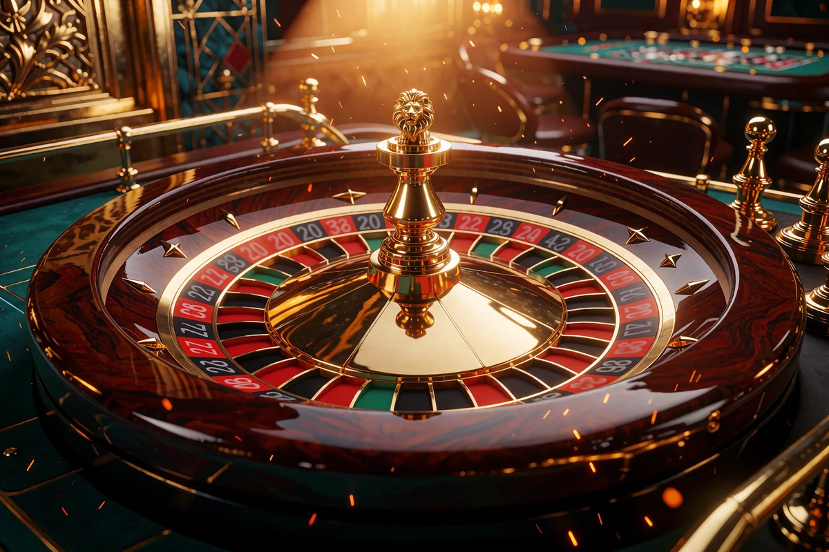 Rouletthjul i mahogni og guld med en lille gylden l&oslash;vestatue i midten - live roulette hos Goldbet Casino